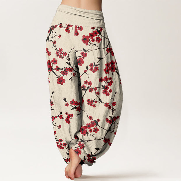 Buddha Stones Red Peach Blossom Pattern Women's Elastic Waist Harem Pants