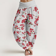 Buddha Stones Red Peach Blossom Pattern Women's Elastic Waist Harem Pants