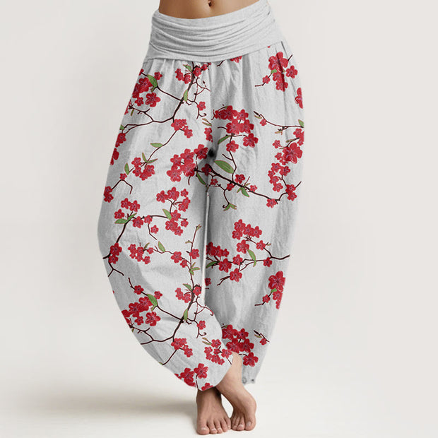 Buddha Stones Red Peach Blossom Pattern Women's Elastic Waist Harem Pants