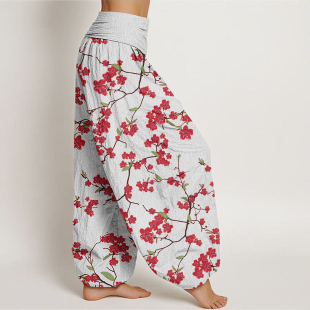 Buddha Stones Red Peach Blossom Pattern Women's Elastic Waist Harem Pants
