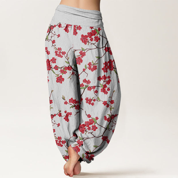 Buddha Stones Red Peach Blossom Pattern Women's Elastic Waist Harem Pants