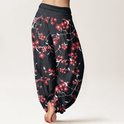Buddha Stones Red Peach Blossom Pattern Women's Elastic Waist Harem Pants