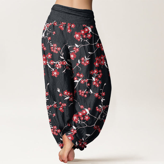 Buddha Stones Red Peach Blossom Pattern Women's Elastic Waist Harem Pants