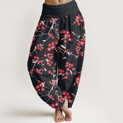 Buddha Stones Red Peach Blossom Pattern Women's Elastic Waist Harem Pants