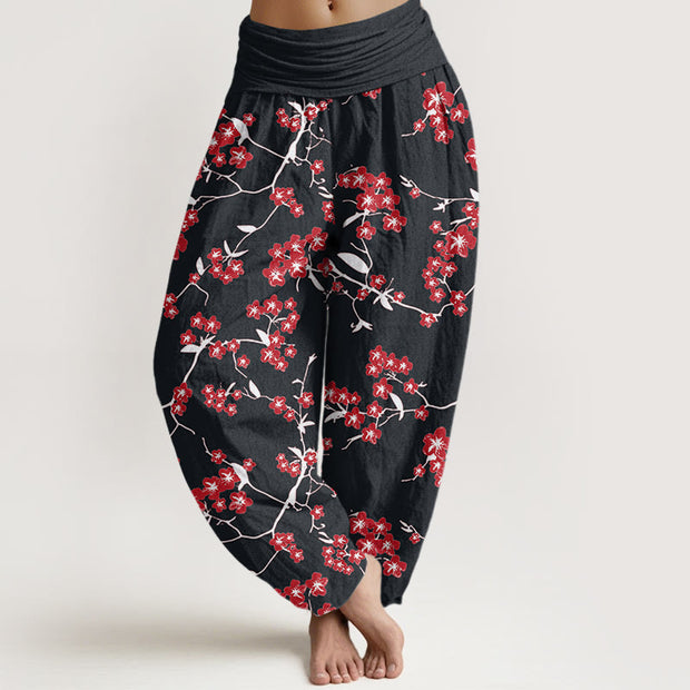 Buddha Stones Red Peach Blossom Pattern Women's Elastic Waist Harem Pants