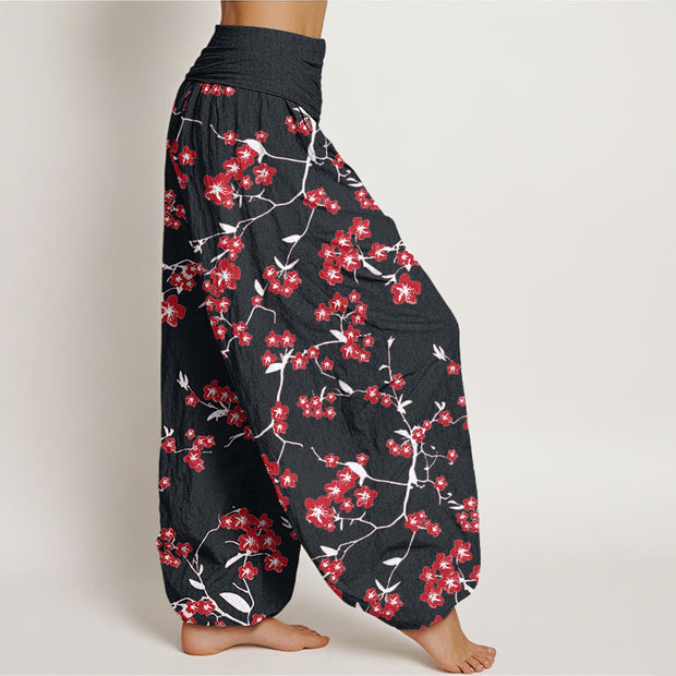 Buddha Stones Red Peach Blossom Pattern Women's Elastic Waist Harem Pants