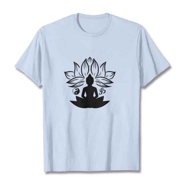 Buddha Stones Om Yin Yang Buddha Statue Sitting Lotus Meditation Tee T-shirt