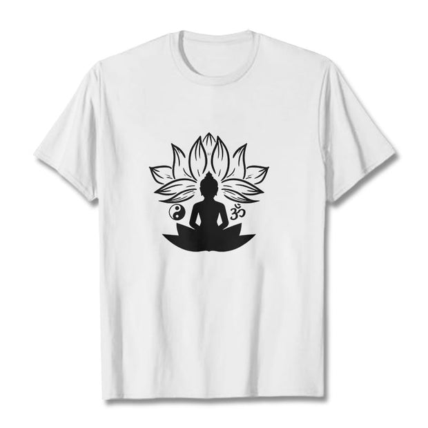 Buddha Stones Om Yin Yang Buddha Statue Sitting Lotus Meditation Tee T-shirt
