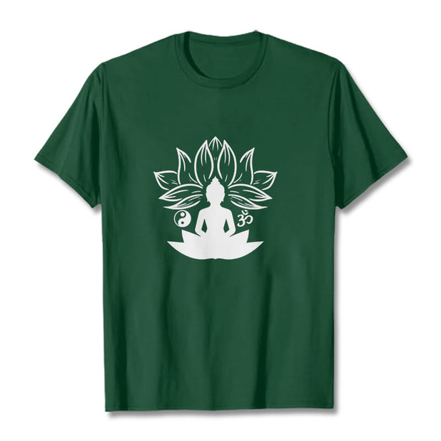 Buddha Stones Om Yin Yang Buddha Statue Sitting Lotus Meditation Tee T-shirt