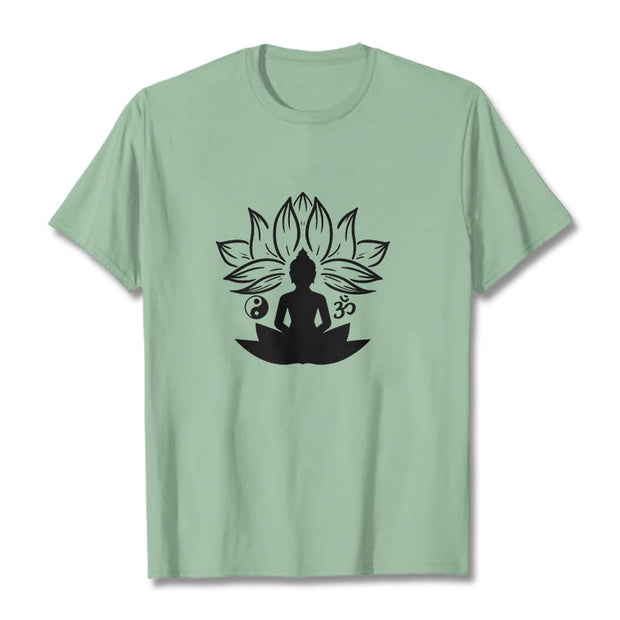 Buddha Stones Om Yin Yang Buddha Statue Sitting Lotus Meditation Tee T-shirt
