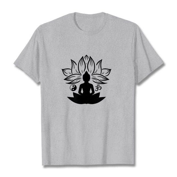 Buddha Stones Om Yin Yang Buddha Statue Sitting Lotus Meditation Tee T-shirt