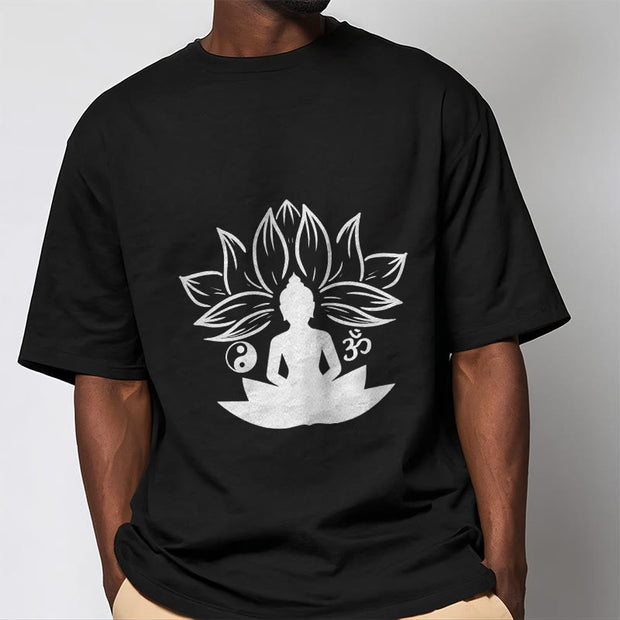 Buddha Stones Om Yin Yang Buddha Statue Sitting Lotus Meditation Tee T-shirt