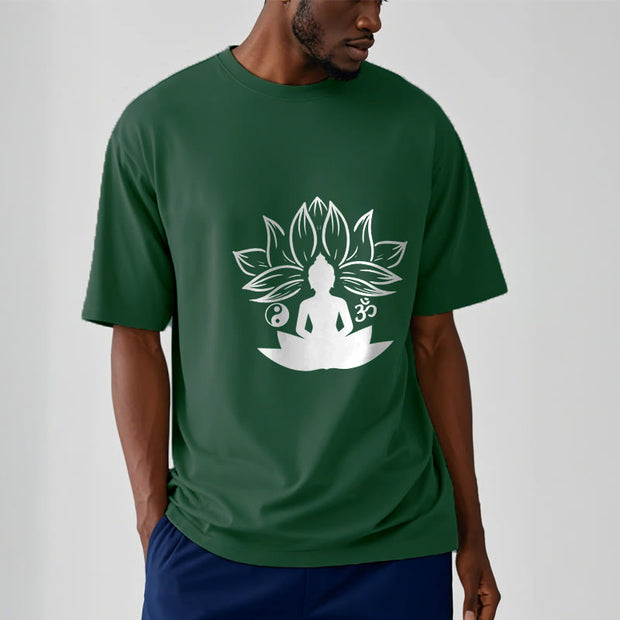 Buddha Stones Om Yin Yang Buddha Statue Sitting Lotus Meditation Tee T-shirt