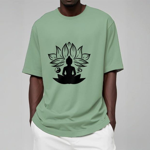 Buddha Stones Om Yin Yang Buddha Statue Sitting Lotus Meditation Tee T-shirt