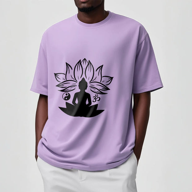 Buddha Stones Om Yin Yang Buddha Statue Sitting Lotus Meditation Tee T-shirt