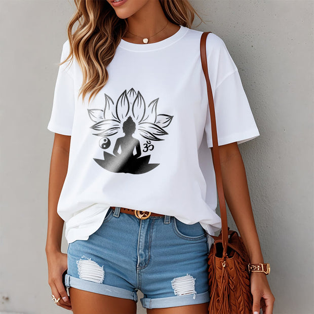 Buddha Stones Om Yin Yang Buddha Statue Sitting Lotus Meditation Tee T-shirt