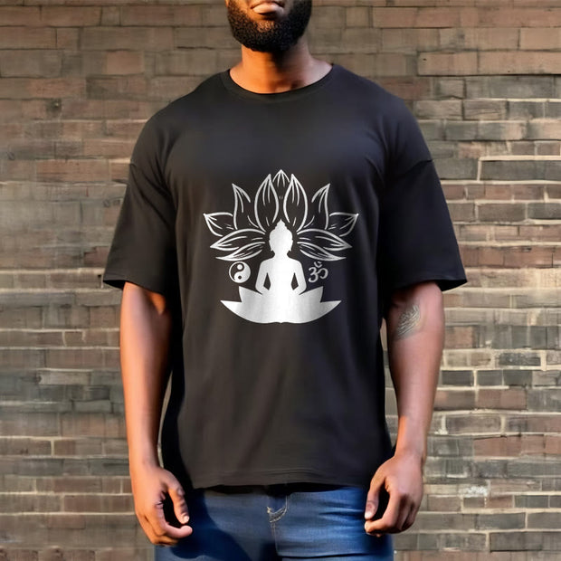 Buddha Stones Om Yin Yang Buddha Statue Sitting Lotus Meditation Tee T-shirt