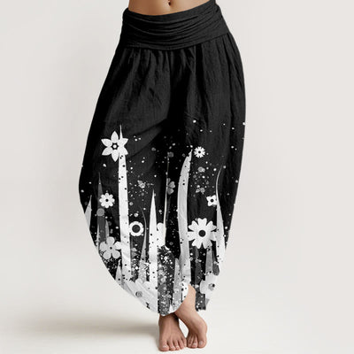 Buddha Stones Casual White Flower Grass Pattern Women's Elastic Waist Harem Pants