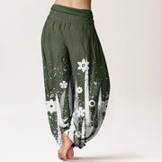 Buddha Stones Casual White Flower Grass Pattern Women's Elastic Waist Harem Pants