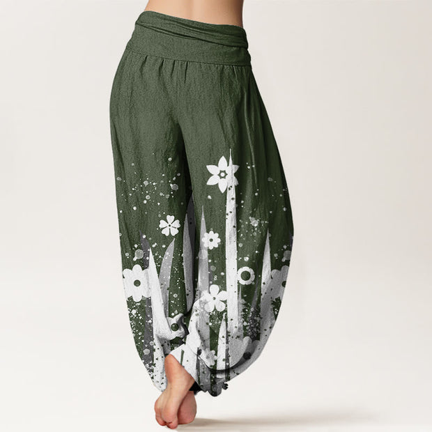 Buddha Stones Casual White Flower Grass Pattern Women's Elastic Waist Harem Pants