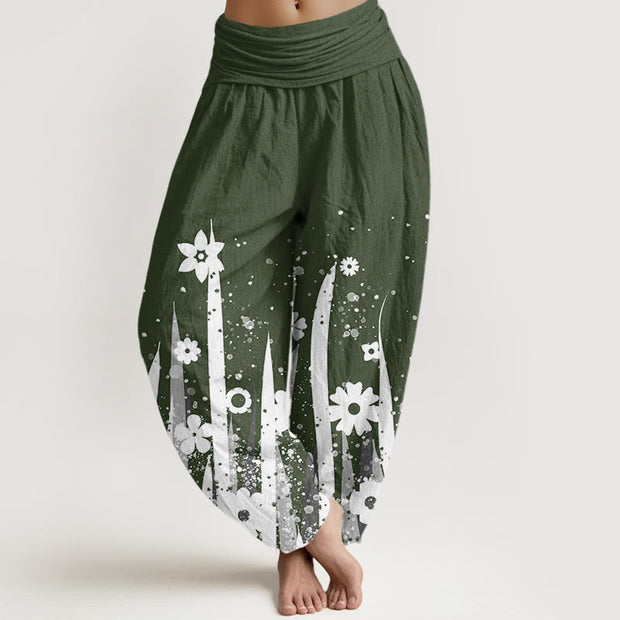 Buddha Stones Casual White Flower Grass Pattern Women's Elastic Waist Harem Pants - DarkGreen - US22，UK/AU26，EU54 (6XL) - image 5