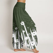 Buddha Stones Casual White Flower Grass Pattern Women's Elastic Waist Harem Pants