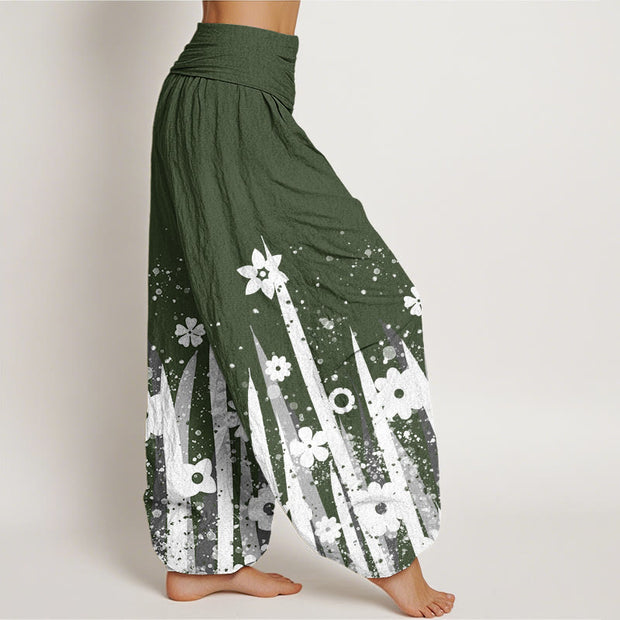 Buddha Stones Casual White Flower Grass Pattern Women's Elastic Waist Harem Pants