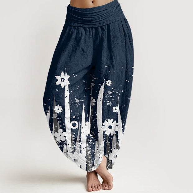 Buddha Stones Casual White Flower Grass Pattern Women's Elastic Waist Harem Pants
