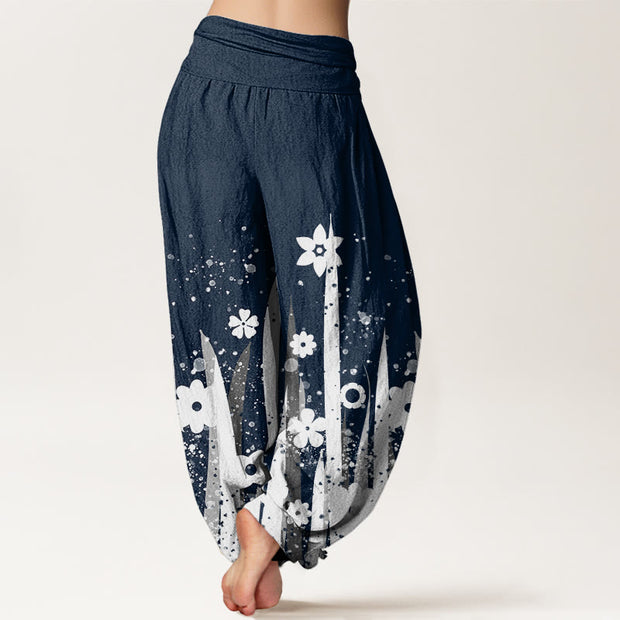 Buddha Stones Casual White Flower Grass Pattern Women's Elastic Waist Harem Pants - image 9