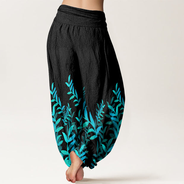 Buddha Stones Casual Leaves Pattern Women's Elastic Waist Harem Pants
