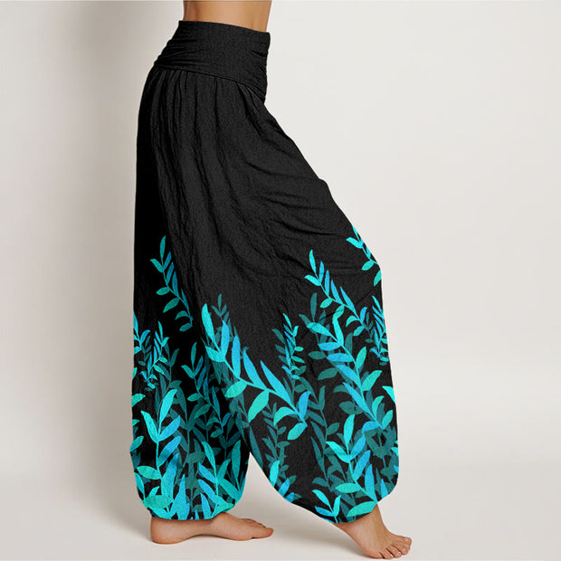 Buddha Stones Casual Leaves Pattern Women's Elastic Waist Harem Pants