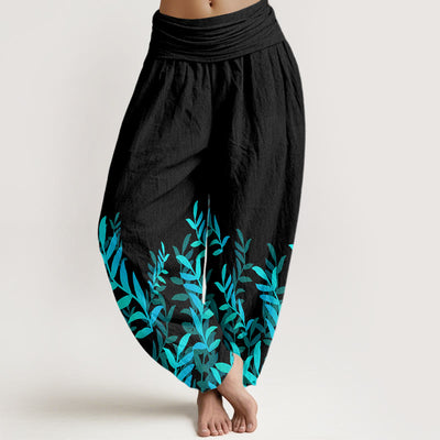 Buddha Stones Casual Leaves Pattern Women's Elastic Waist Harem Pants