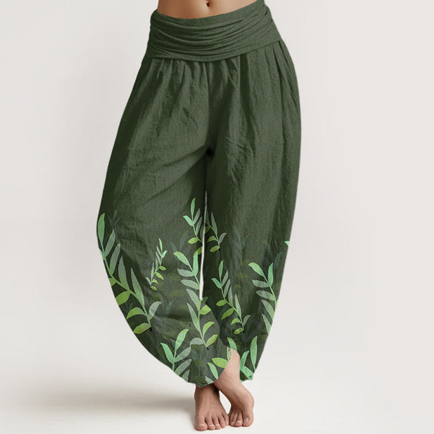 Buddha Stones Casual Leaves Pattern Women's Elastic Waist Harem Pants