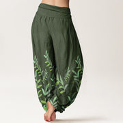 Buddha Stones Casual Leaves Pattern Women's Elastic Waist Harem Pants