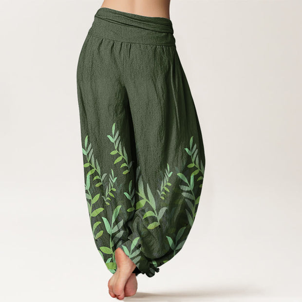 Buddha Stones Casual Leaves Pattern Women's Elastic Waist Harem Pants
