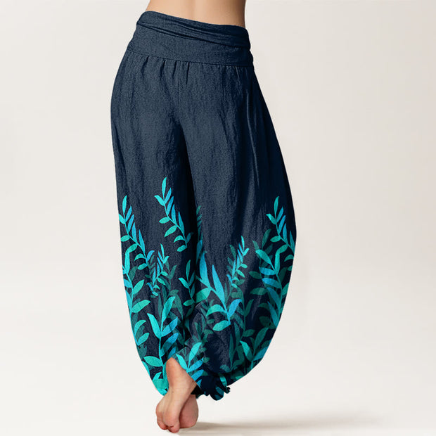 Buddha Stones Casual Leaves Pattern Women's Elastic Waist Harem Pants