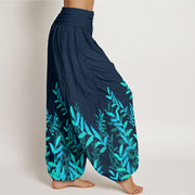 Buddha Stones Casual Leaves Pattern Women's Elastic Waist Harem Pants