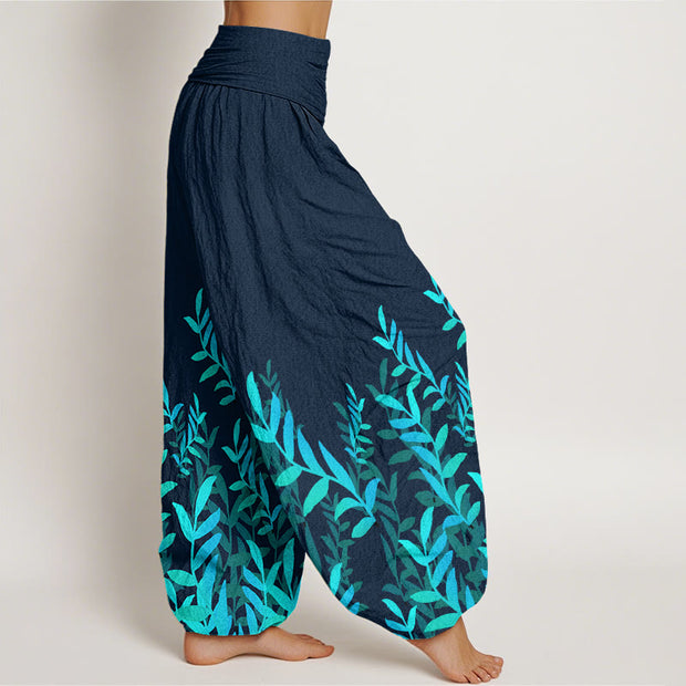 Buddha Stones Casual Leaves Pattern Women's Elastic Waist Harem Pants