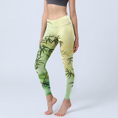Buddha Stones Blooming Bamboo Pattern Print Gym Leggings Women's Yoga Pants