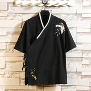 Buddha Stones Tang Suit Embroidery Crane Pattern Lace-Up Side Men's Cotton Linen T-Shirt