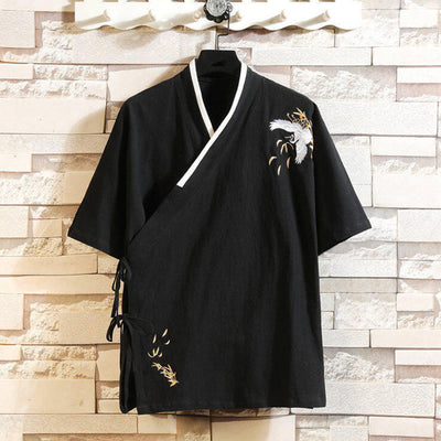 Buddha Stones Tang Suit Embroidery Crane Pattern Lace-Up Side Men's Cotton Linen T-Shirt