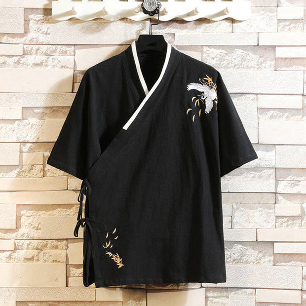 Buddha Stones Tang Suit Embroidery Crane Pattern Lace-Up Side Men's Cotton Linen T-Shirt