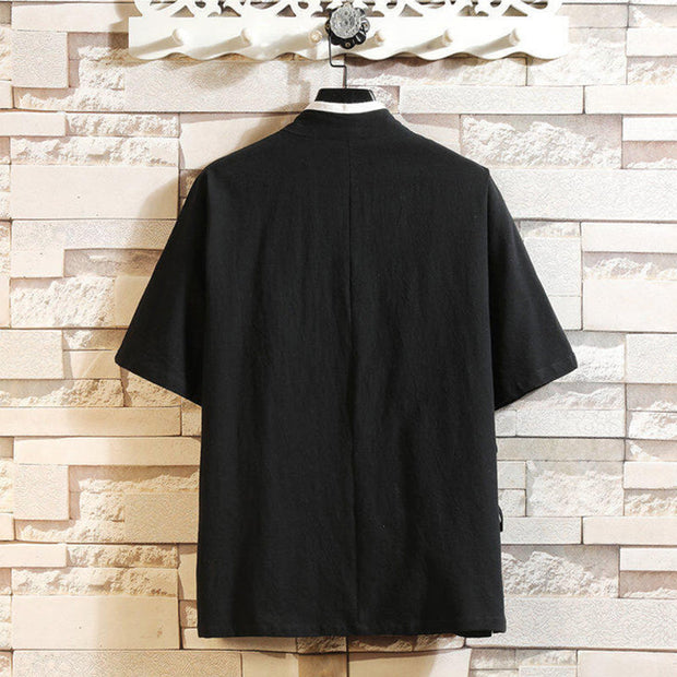 Buddha Stones Tang Suit Embroidery Crane Pattern Lace-Up Side Men's Cotton Linen T-Shirt