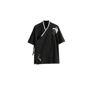 Buddha Stones Tang Suit Embroidery Crane Pattern Lace-Up Side Men's Cotton Linen T-Shirt
