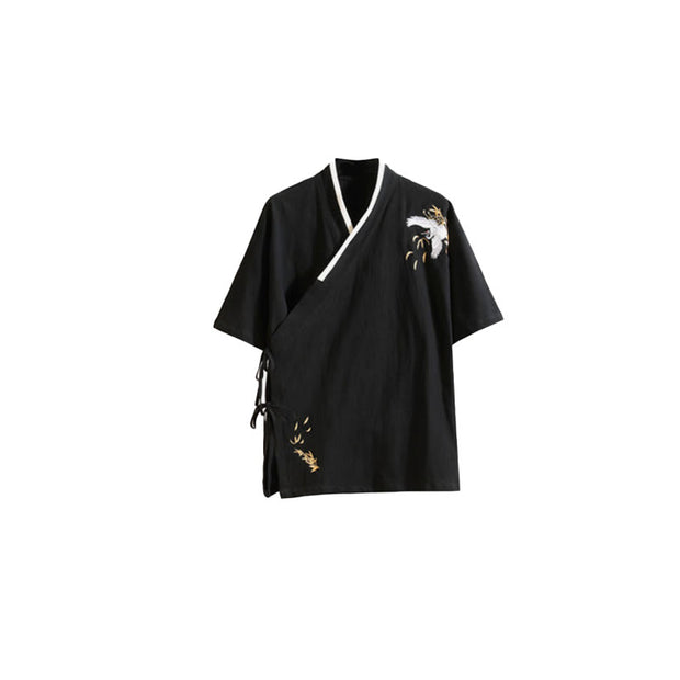 Buddha Stones Tang Suit Embroidery Crane Pattern Lace-Up Side Men's Cotton Linen T-Shirt