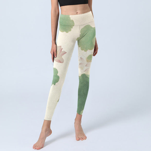 Buddha Stones Elegant Lotus Flower Leaves Pattern Print Gym Leggings Women's Yoga Pants - image 6