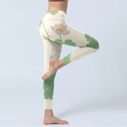 Buddha Stones Elegant Lotus Flower Leaves Pattern Print Gym Leggings Women's Yoga Pants