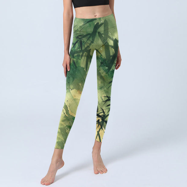 Buddha Stones Ink Blooming Bamboo Pattern Print Gym Leggings Women's Yoga Pants