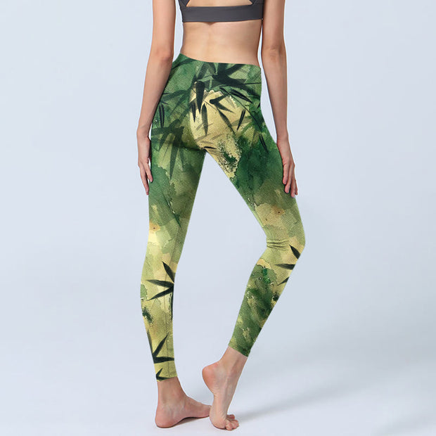 Buddha Stones Ink Blooming Bamboo Pattern Print Gym Leggings Women's Yoga Pants