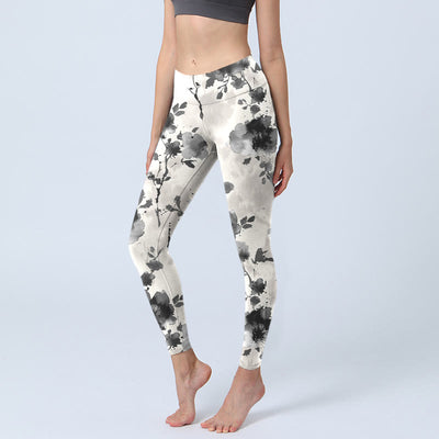 Buddha Stones Ink Painting Style Flower Pattern Print Gym Leggings Women's Yoga Pants